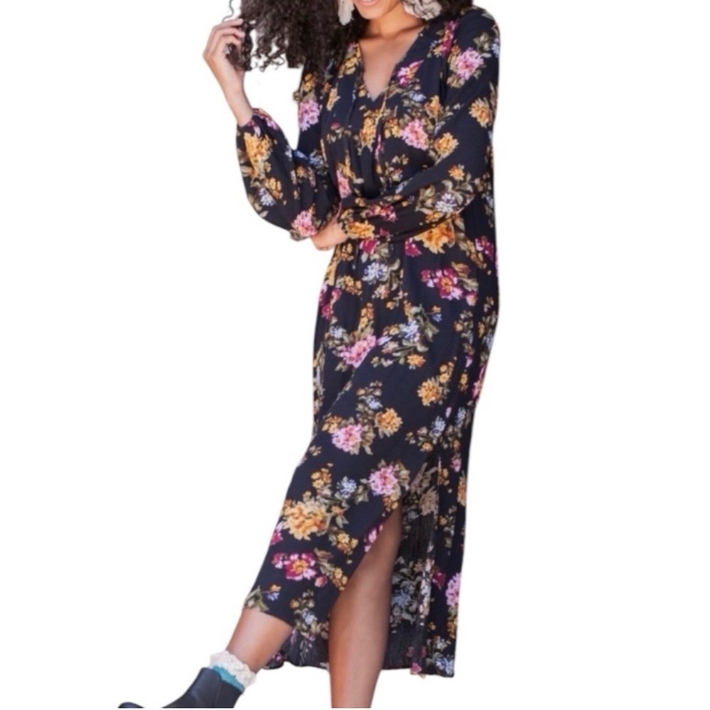 Natural Life Floral V-Neck Long Sleeve Maxi Dress Small Navy Boho Slit Side - Picture 3 of 8